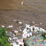 Trash and even dead fish accumulate in a ditch (called Joe Creek) in Tulsa, Oklahoma.