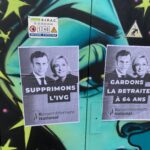 Right-wing political posters in Hoenheim, north of Strasbourg, 2024. Emmanuel Macron is centrist, Marine Le Pen is far right, but both appear on this poster of the far-right Rassemblement National (formerly Front Nationale) campaigning to keep the retirement age at 64 years rather than reducing it to 60 years, as the liberals demanded. Notice the plaque prohibiting posters (defense d'aficher).