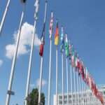 Flags outside the Council of Europe in Strasbourg, 2016. The French flag is at half-staff because of a recent terrorist attack. This photo was taken before Brexit.