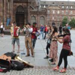 One day in 2016 a klezmer band showed up at the base of the Cathedral and played really fun music. The trumpet/euphonium player even danced around a little as he played. The Cathedral is at the center of centuries of oppression and killing of Jews in Strasbourg, including when Hitler stood at the Cathedral, but now they can celebrate being Jewish. But there is some lingering fear: antisemitic vandalism still occurs, and the band dispersed immediately after they played. Their performance was not announced, lest it attract antisemitic people.