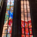 The giant stained glass window of Jesus at the Cathedral in Strasbourg.