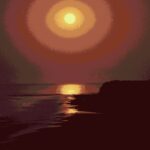 Special effects photo of a moonrise over the Pacific Ocean north of Santa Barbara. Because the coast runs east and west at Santa Barbara, the moon rises over the Pacific. Photo by Stan Rice.