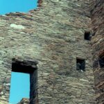 Reconstructed walls from Chaco Canyon, where the Anasazi civilization flourished until the 1300s of our calendar. This Native civilization developed and declined entirely without European contact. We do not know what they called themselves; Anasazi is the Navajo name for them.