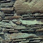 Reconstructed walls from Chaco Canyon, where the Anasazi civilization flourished until the 1300s of our calendar. This Native civilization developed and declined entirely without European contact. We do not know what they called themselves; Anasazi is the Navajo name for them. The walls were constructed of large and small sandstone tiles fitted tightly together.