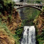 Waterfall and pedestrian bridge near the Columbia River, Oregon.